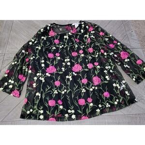 Drapers & Damons Black Mesh Top Medium NWOT Floral Embroidered
